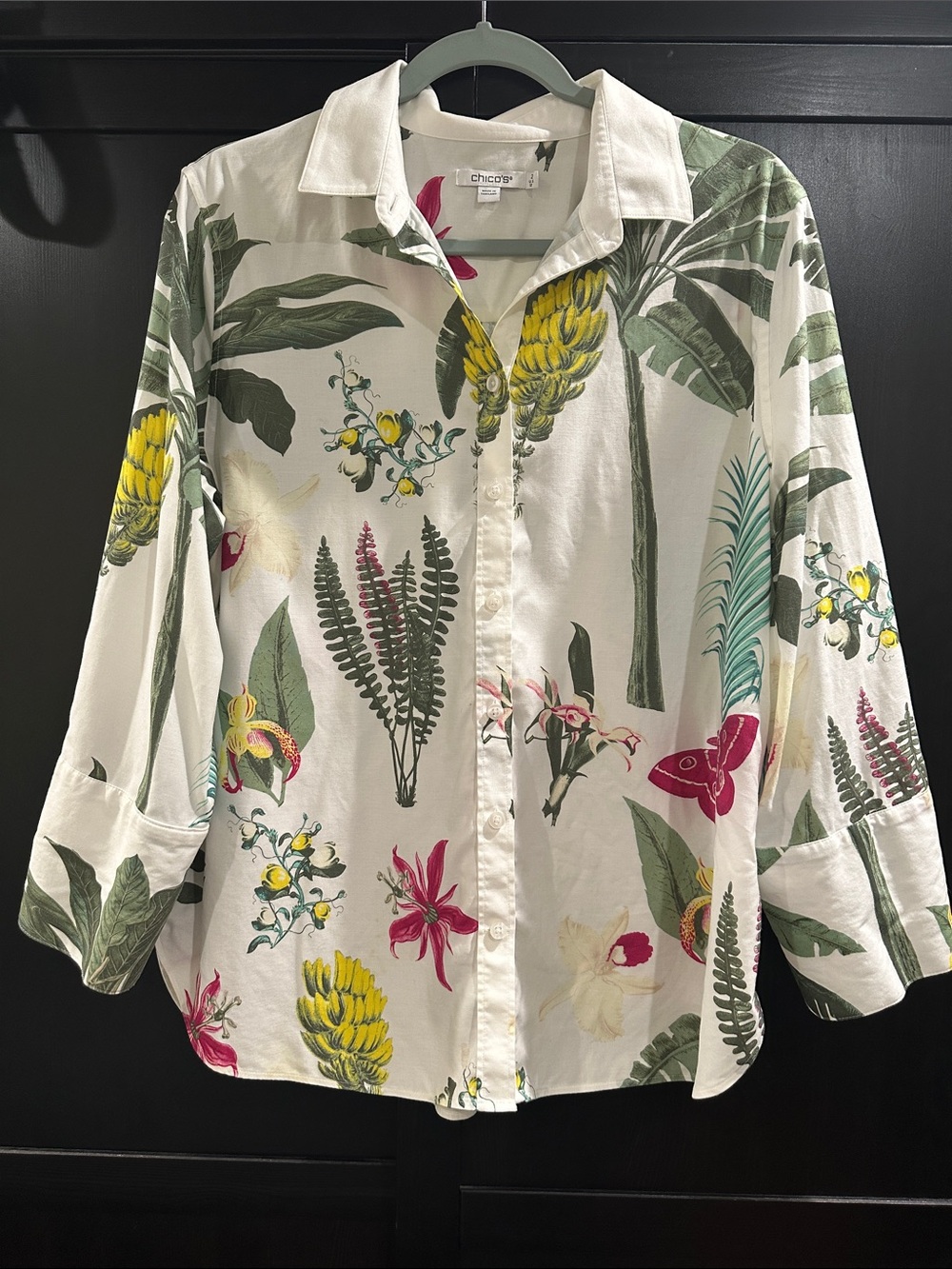 Chico's White Botanical Button-Down Shirt with Green, Yellow & Pink Motifs